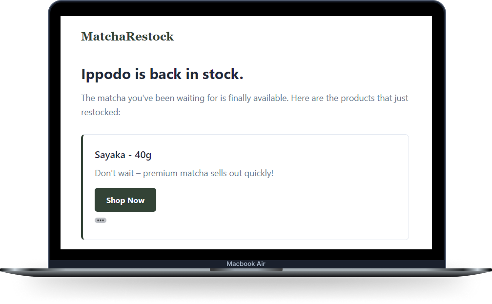 Matcha restock notification mockup
